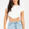 Blanc Alessia Rhinestone Fringe Ribbed Knit Crop Top Clearance