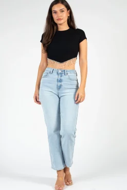 Blanc Alessia Rhinestone Fringe Ribbed Knit Crop Top Clearance