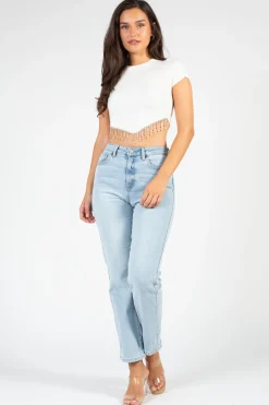 Blanc Alessia Rhinestone Fringe Ribbed Knit Crop Top Clearance
