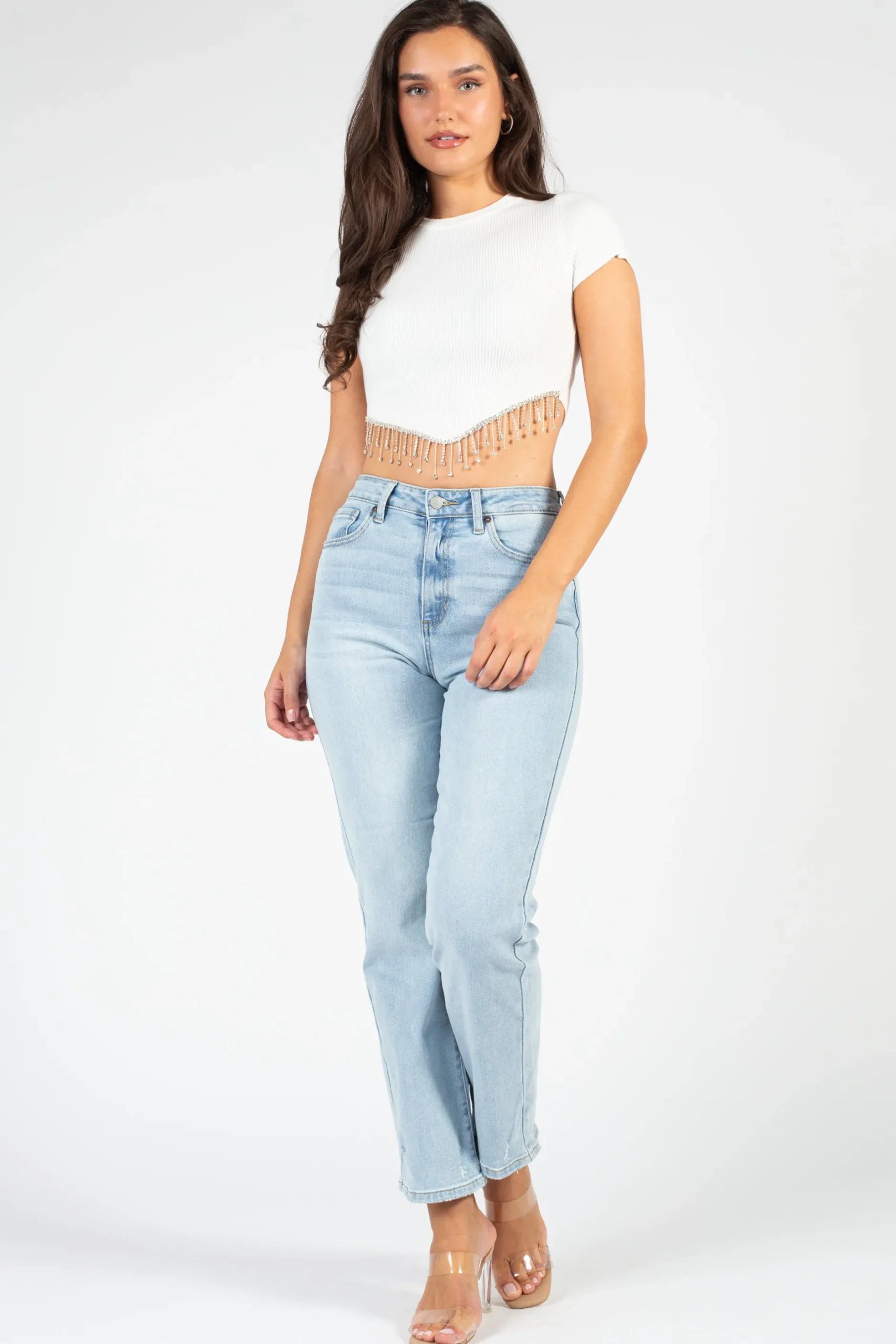 Blanc Alessia Rhinestone Fringe Ribbed Knit Crop Top Clearance