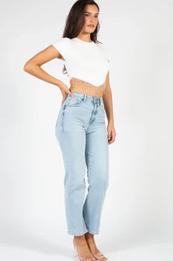 Blanc Alessia Rhinestone Fringe Ribbed Knit Crop Top Clearance