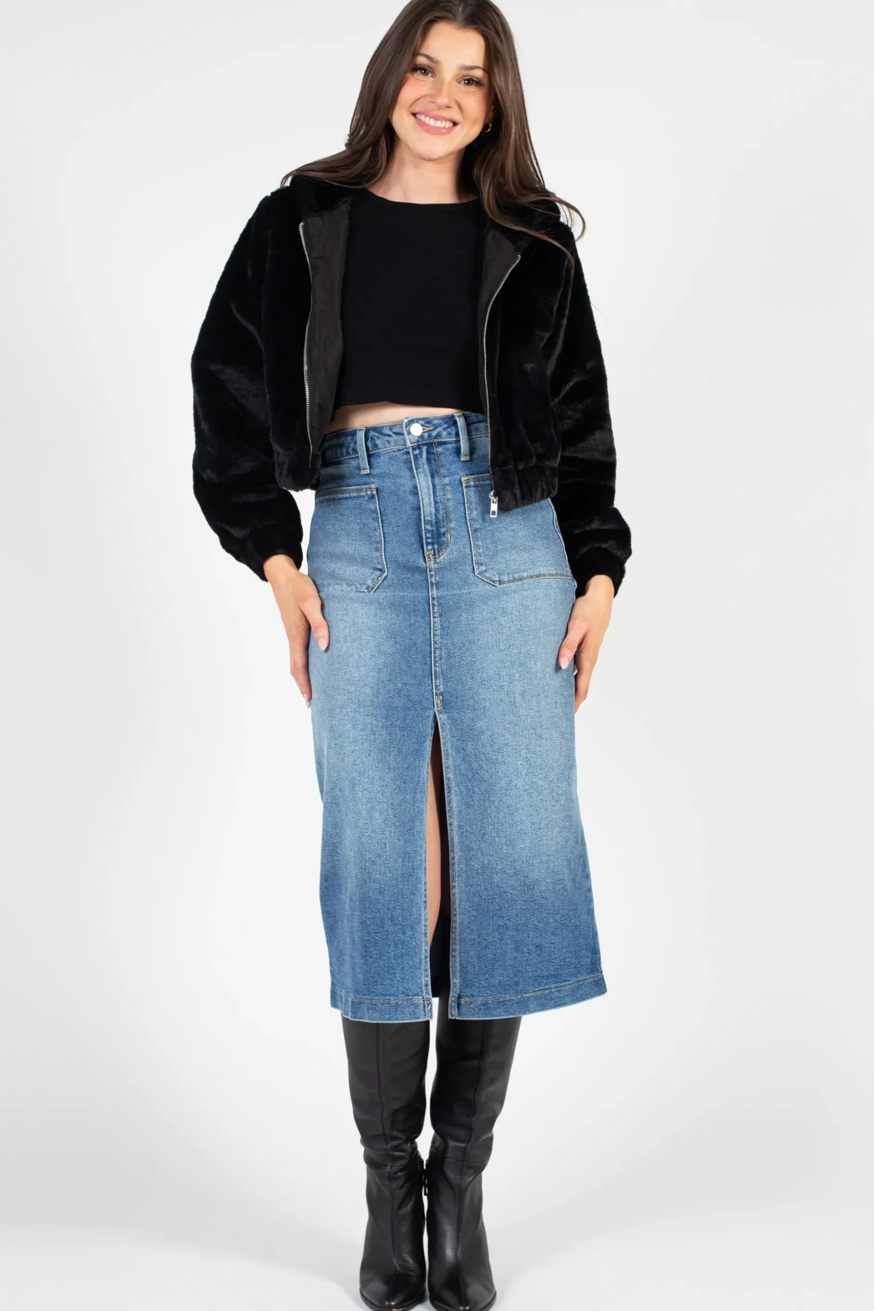 Love Tree Alethea Hooded Faux Fur Bomber Jacket Clearance