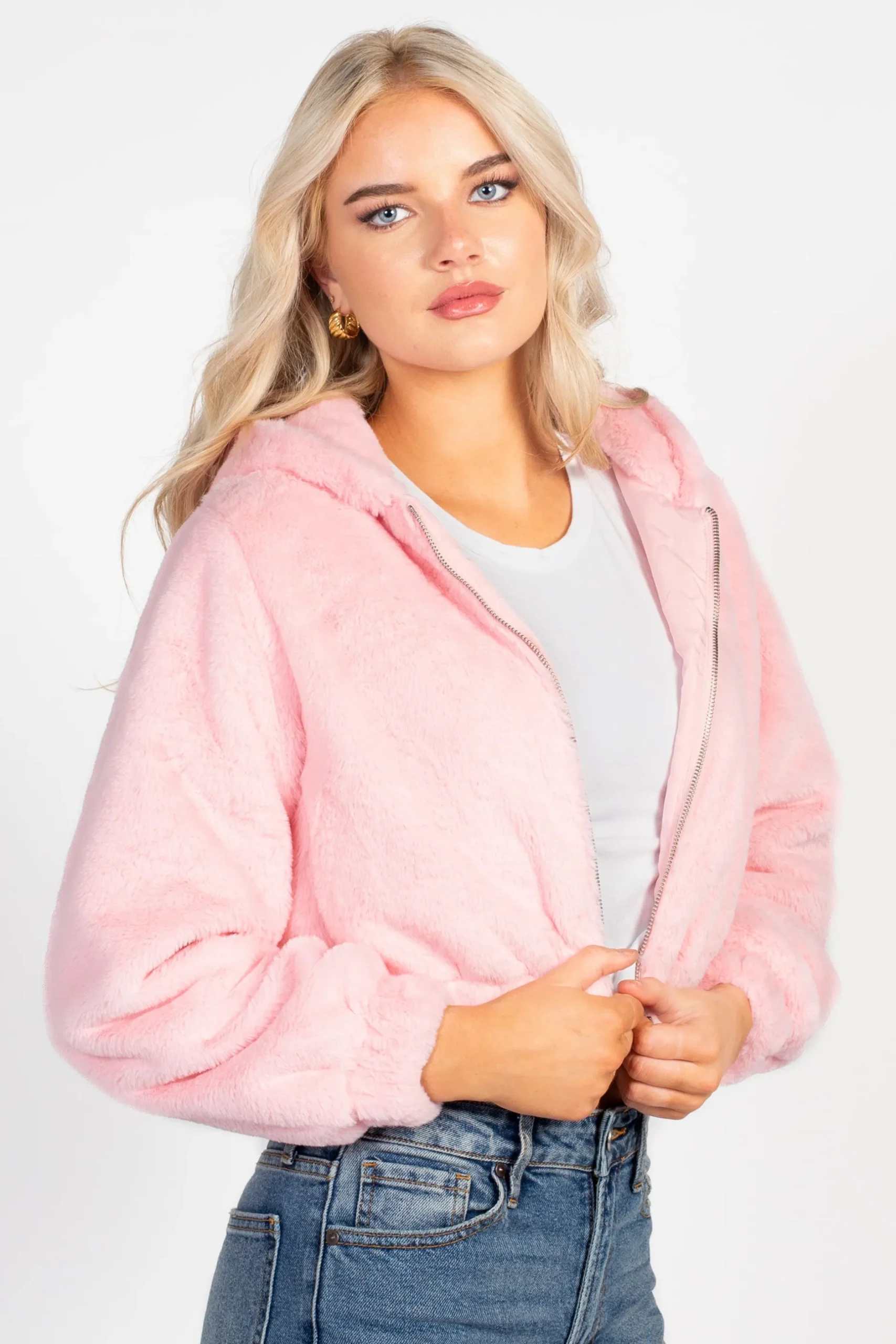 Love Tree Alethea Hooded Faux Fur Bomber Jacket Clearance