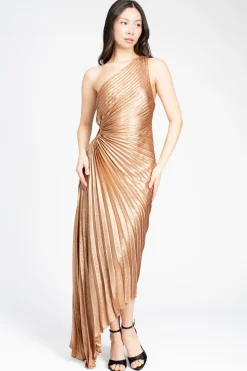 Dress Forum Alora Pleated Shimmer Hi Lo Maxi Dress Gold New