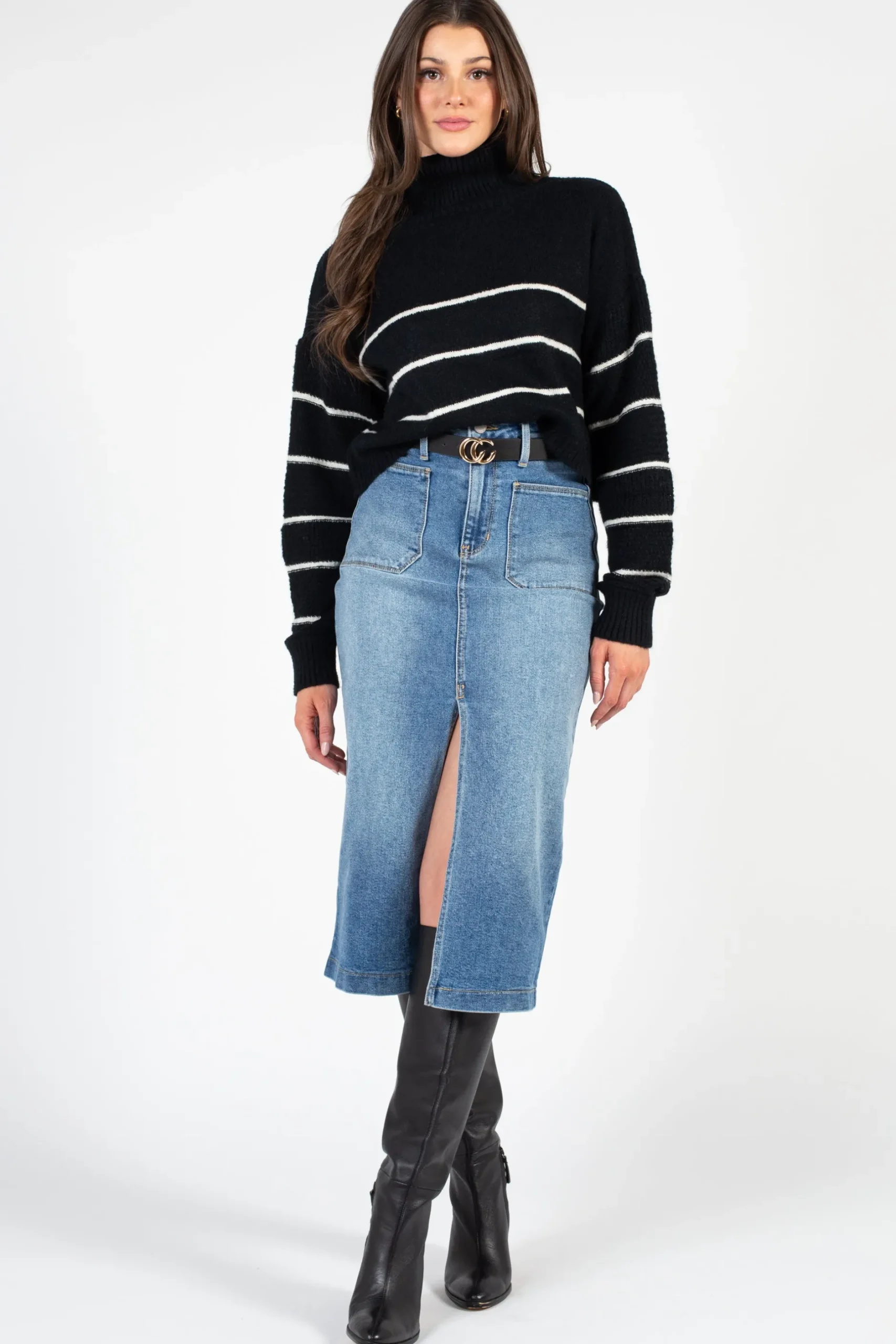 Better Be Ambrielle Turtleneck Stripe Sweater Black New