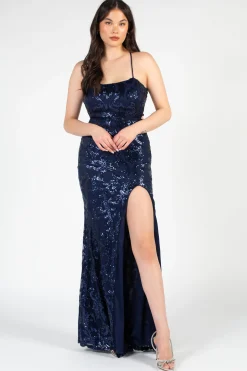 Lovely Day Ariel Strappy High Slit Sequin Gown Online