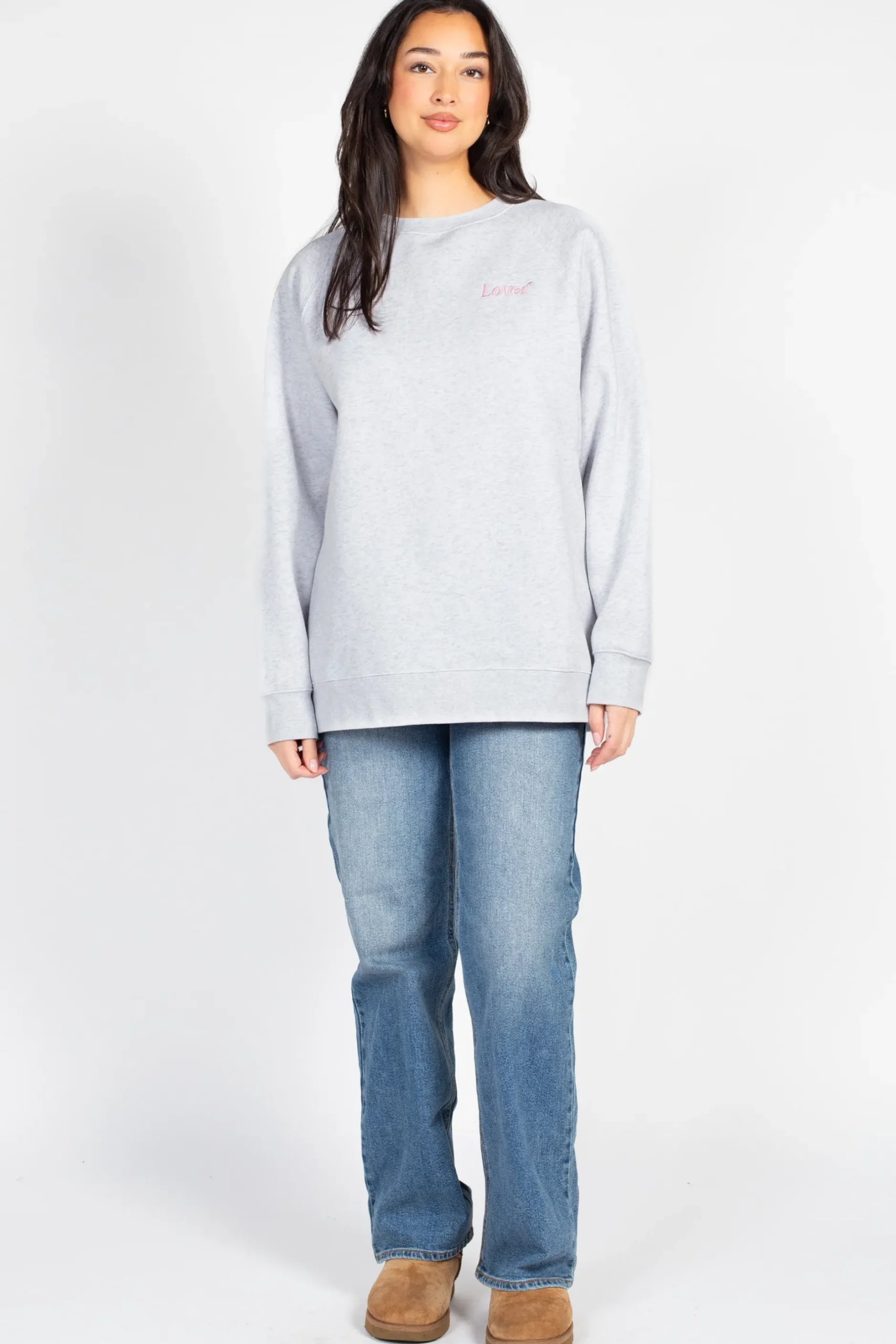 Brunette the Label 'Lover' Embroidered Crewneck Grey Clearance