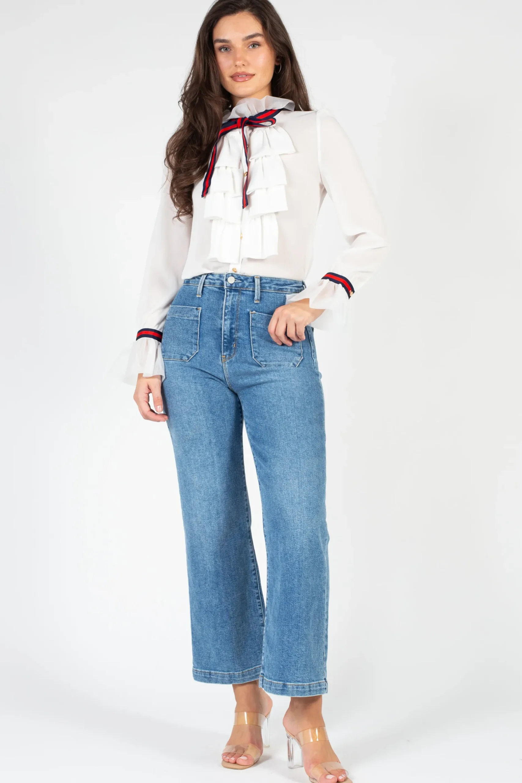 Chelsea Charlotte Ruffle Front Blouse Navy Sale