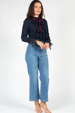 Chelsea Charlotte Ruffle Front Blouse Navy Sale