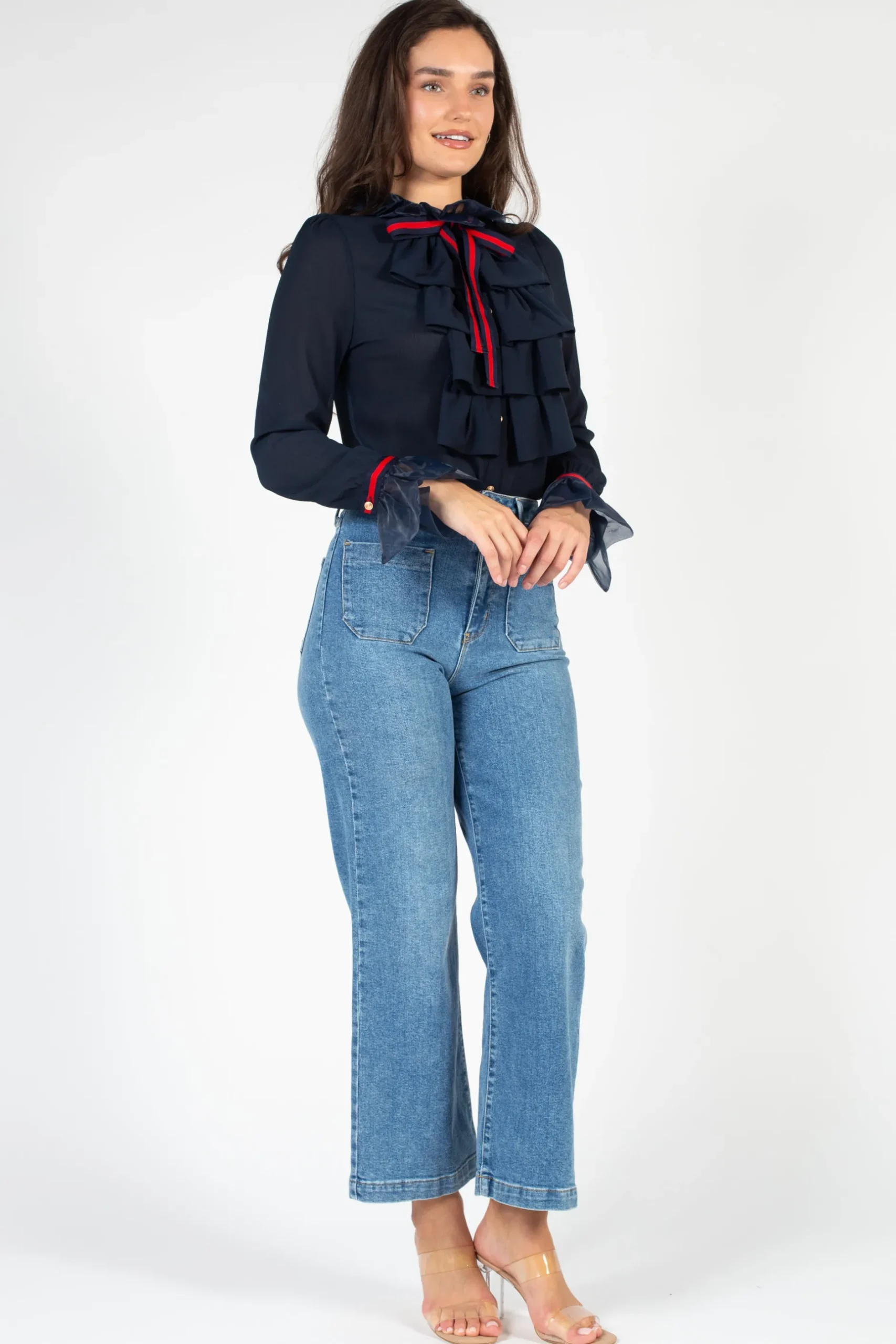 Chelsea Charlotte Ruffle Front Blouse Navy Sale