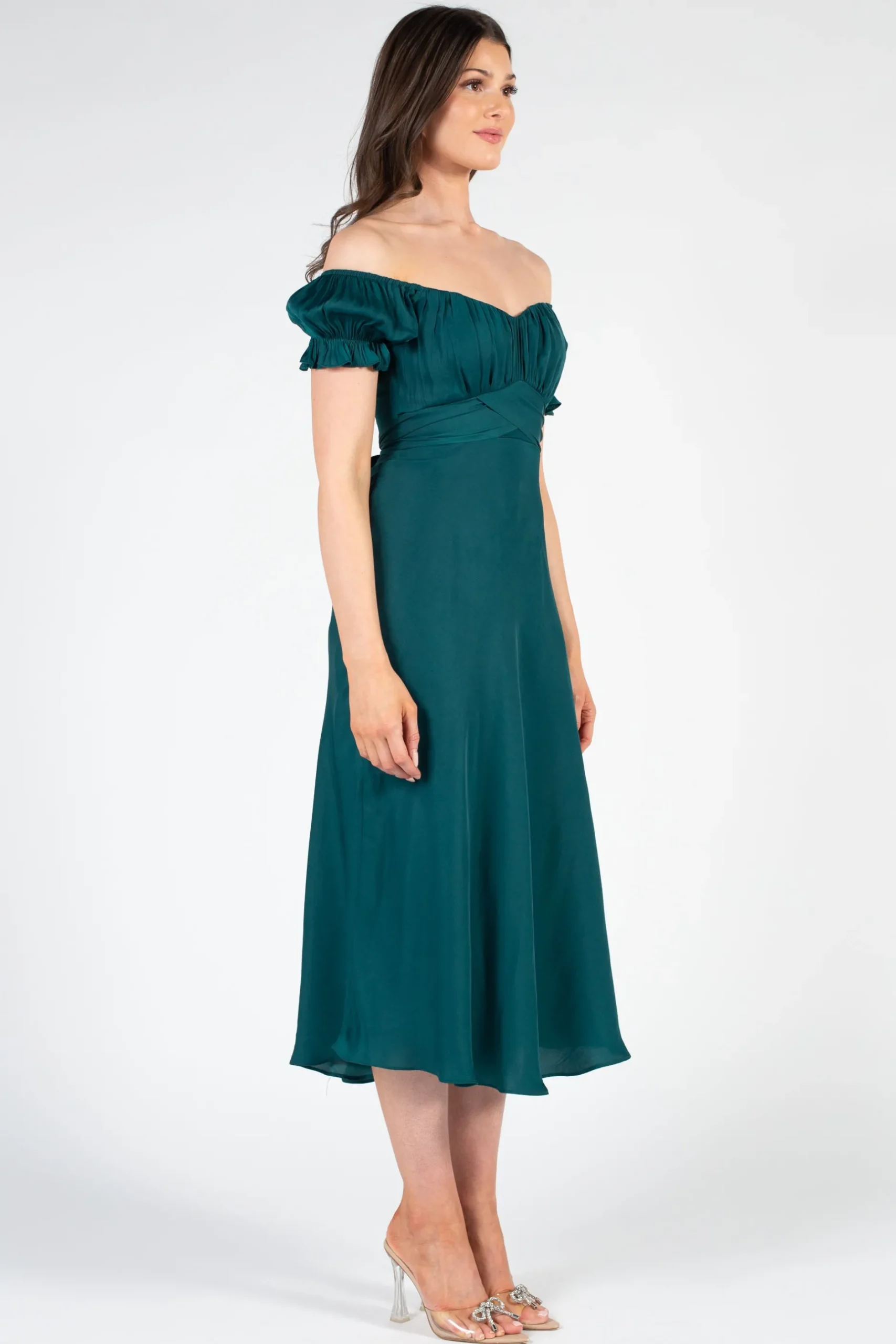 Saints u0026 Secrets Cindy Satin Off-The-Shoulder Midi Dress Outlet