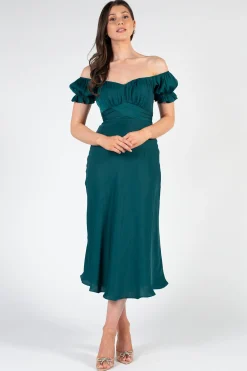 Saints u0026 Secrets Cindy Satin Off-The-Shoulder Midi Dress Outlet