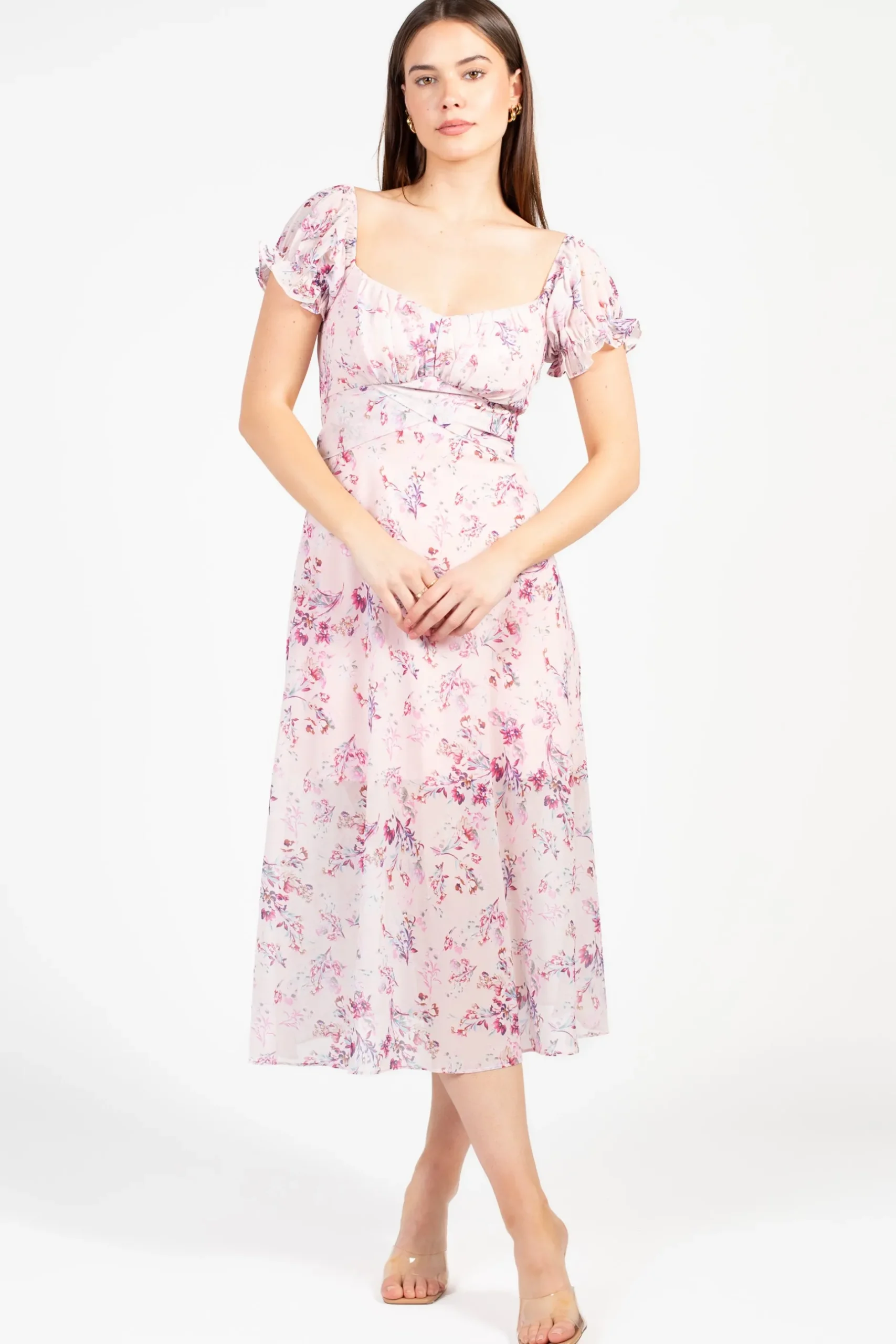 One and Only Cleo Floral Midi Dress Pink Outlet