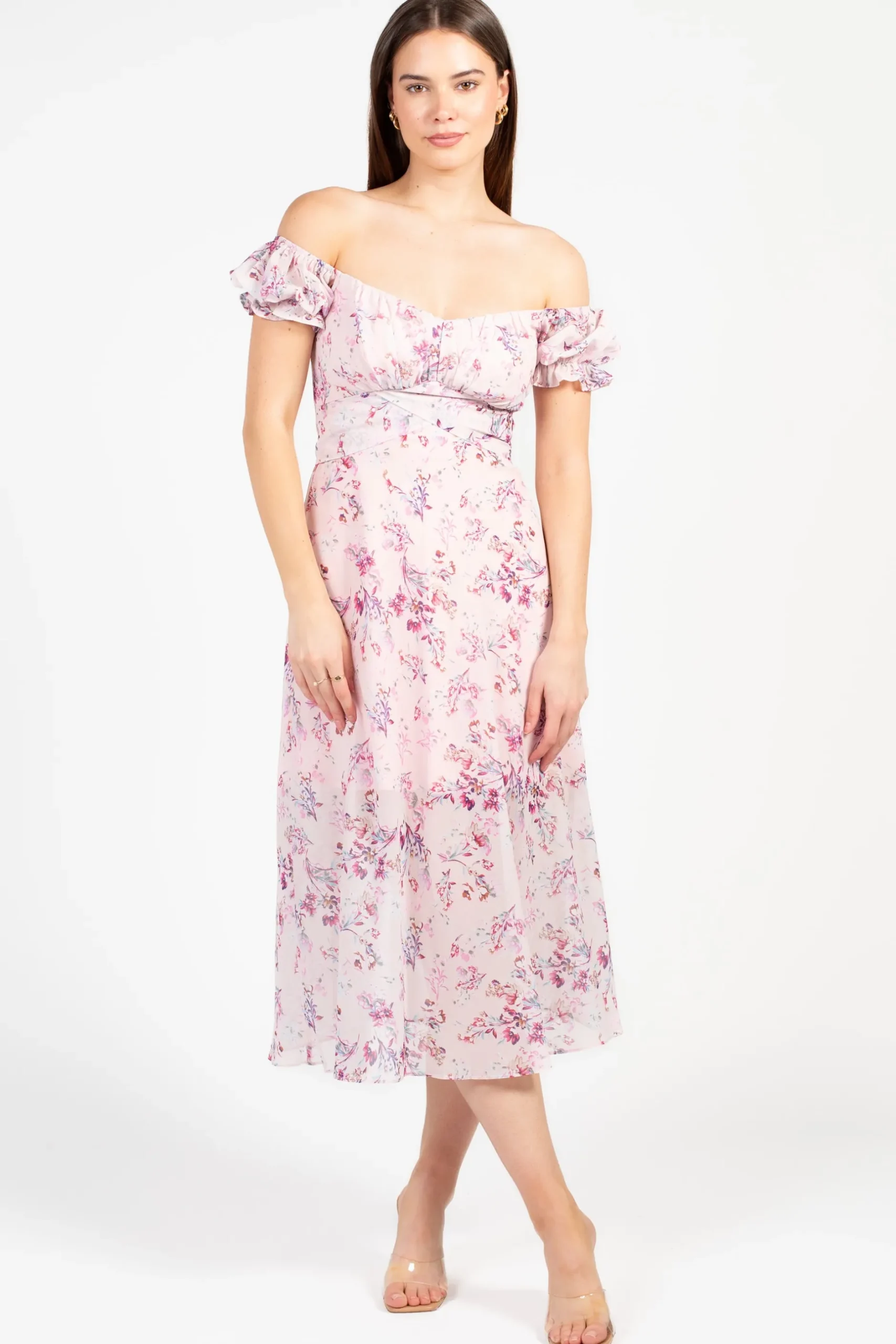 One and Only Cleo Floral Midi Dress Pink Outlet