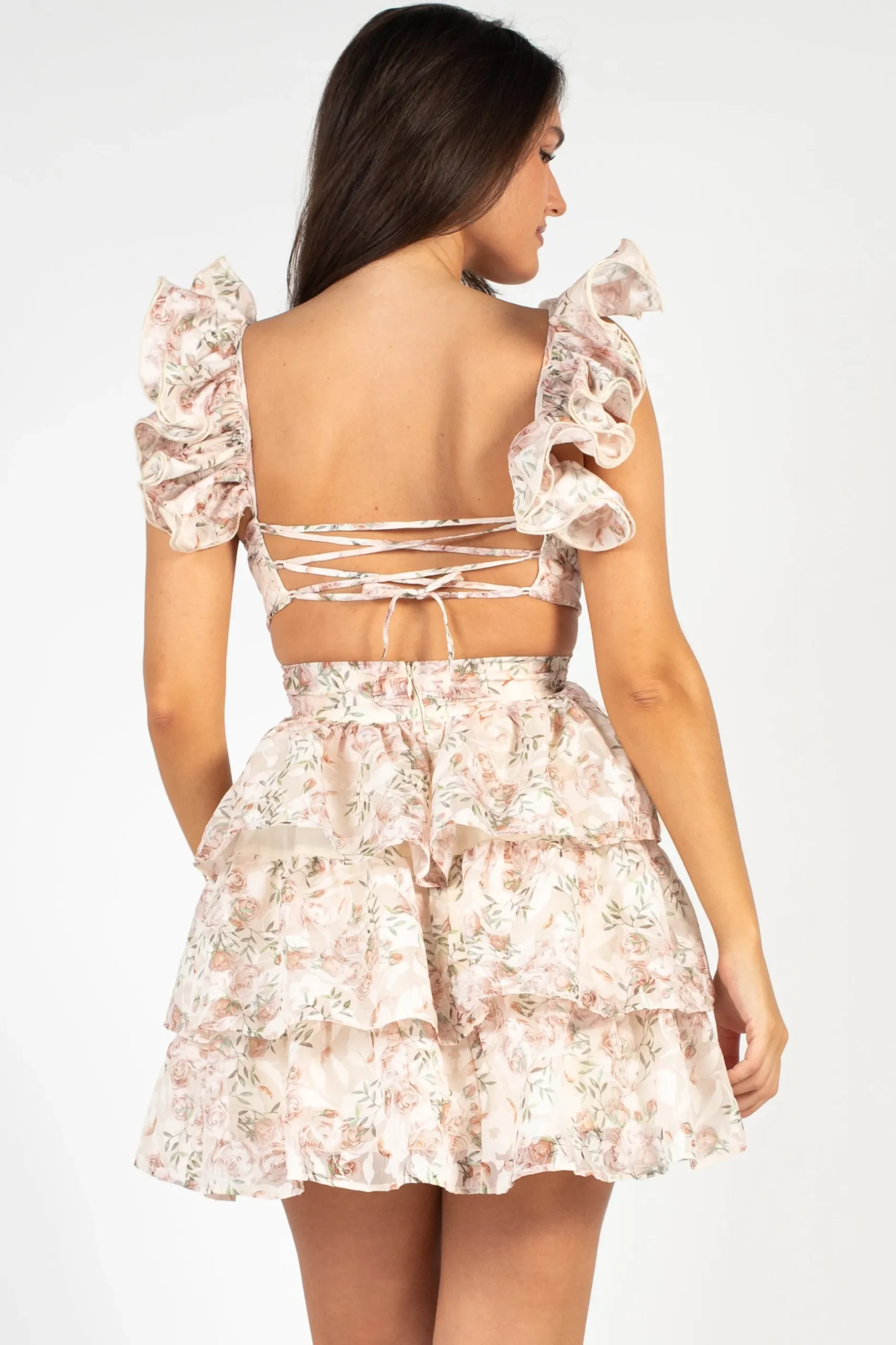 Storia Dahlia Ruffle Floral Strappy Mini Dress Cream Clearance
