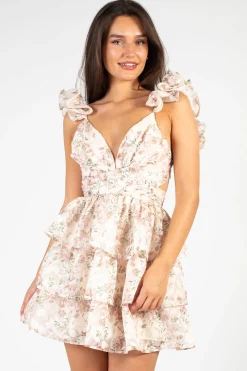Storia Dahlia Ruffle Floral Strappy Mini Dress Cream Clearance
