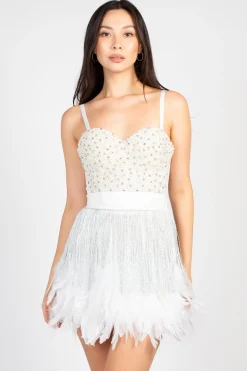 La Ros Destiny Fringe Feather Trim Mini Skirt White New