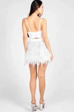 La Ros Destiny Fringe Feather Trim Mini Skirt White New