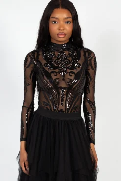 Chelsea Embellished Sequin Mesh Bodysuit Black Fashion
