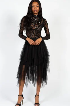Chelsea Embellished Sequin Mesh Bodysuit Black Fashion