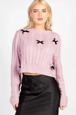Love Tree Emmeline Cable Knit Bow Sweater Hot