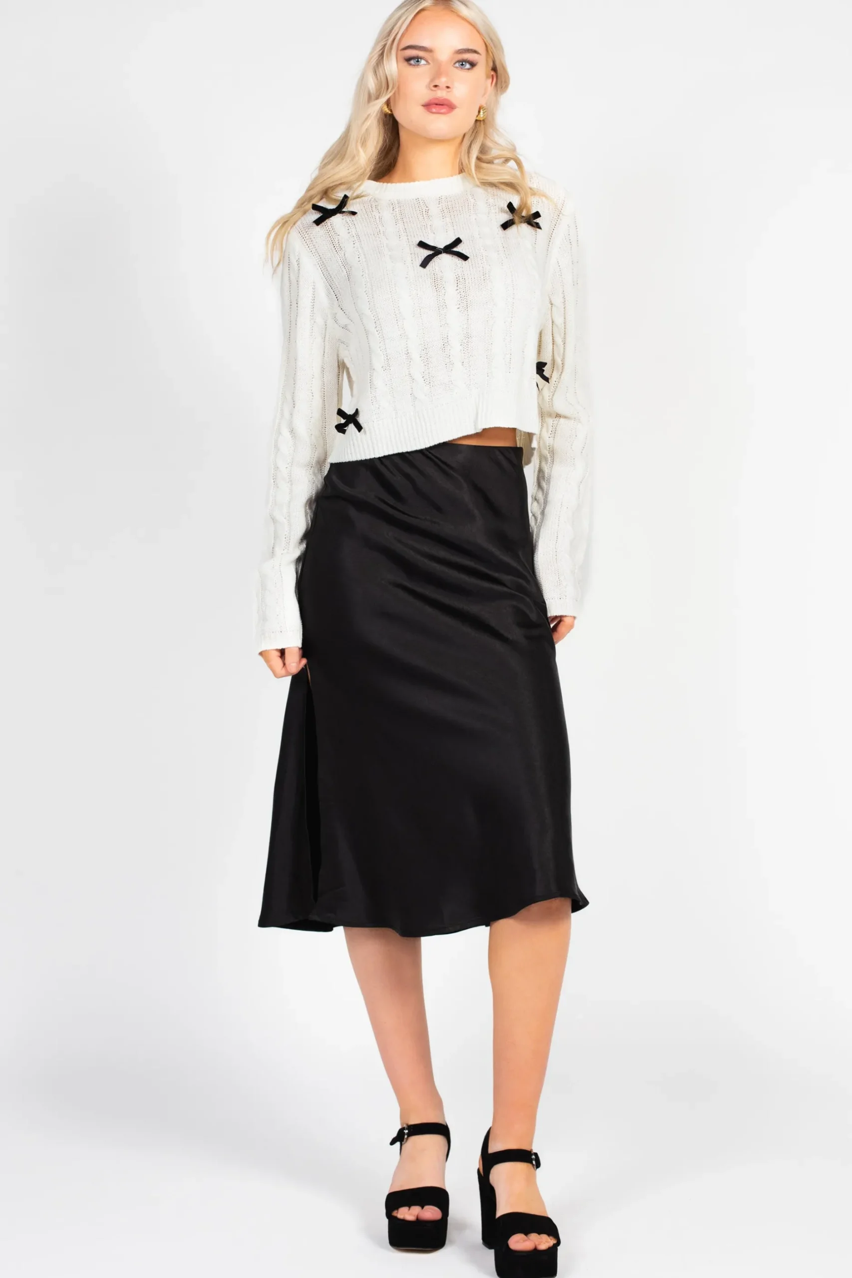 Love Tree Emmeline Cable Knit Bow Sweater Hot