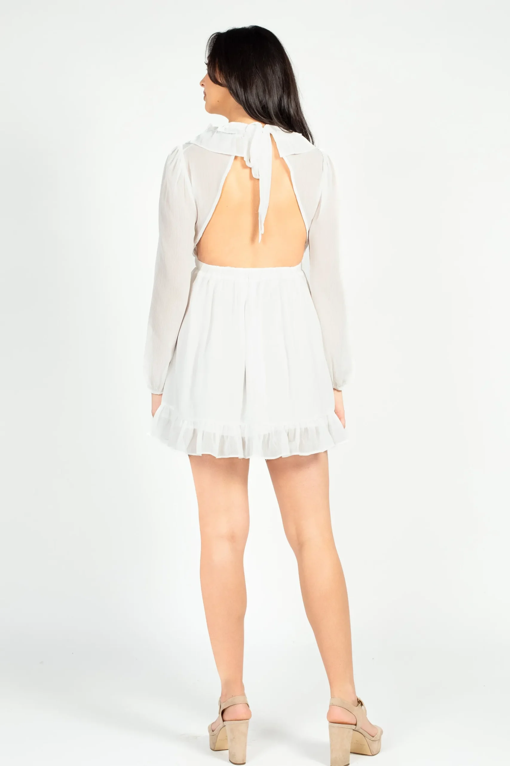 Privy Flirty Ruffle Trim Open Back Mini Dress Clearance