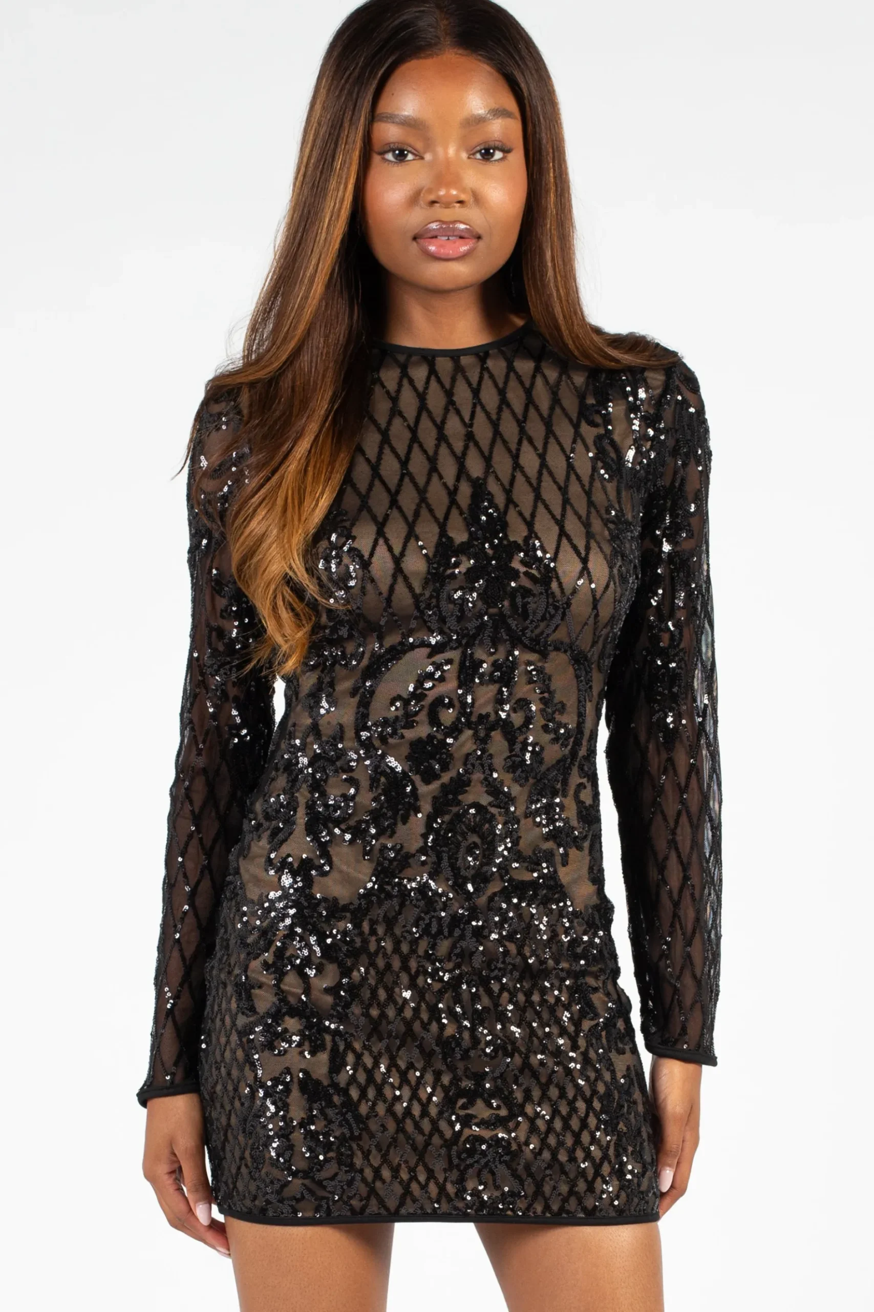 Chelsea Florence Open Back Sequin Mini Dress Black/Sequin Clearance