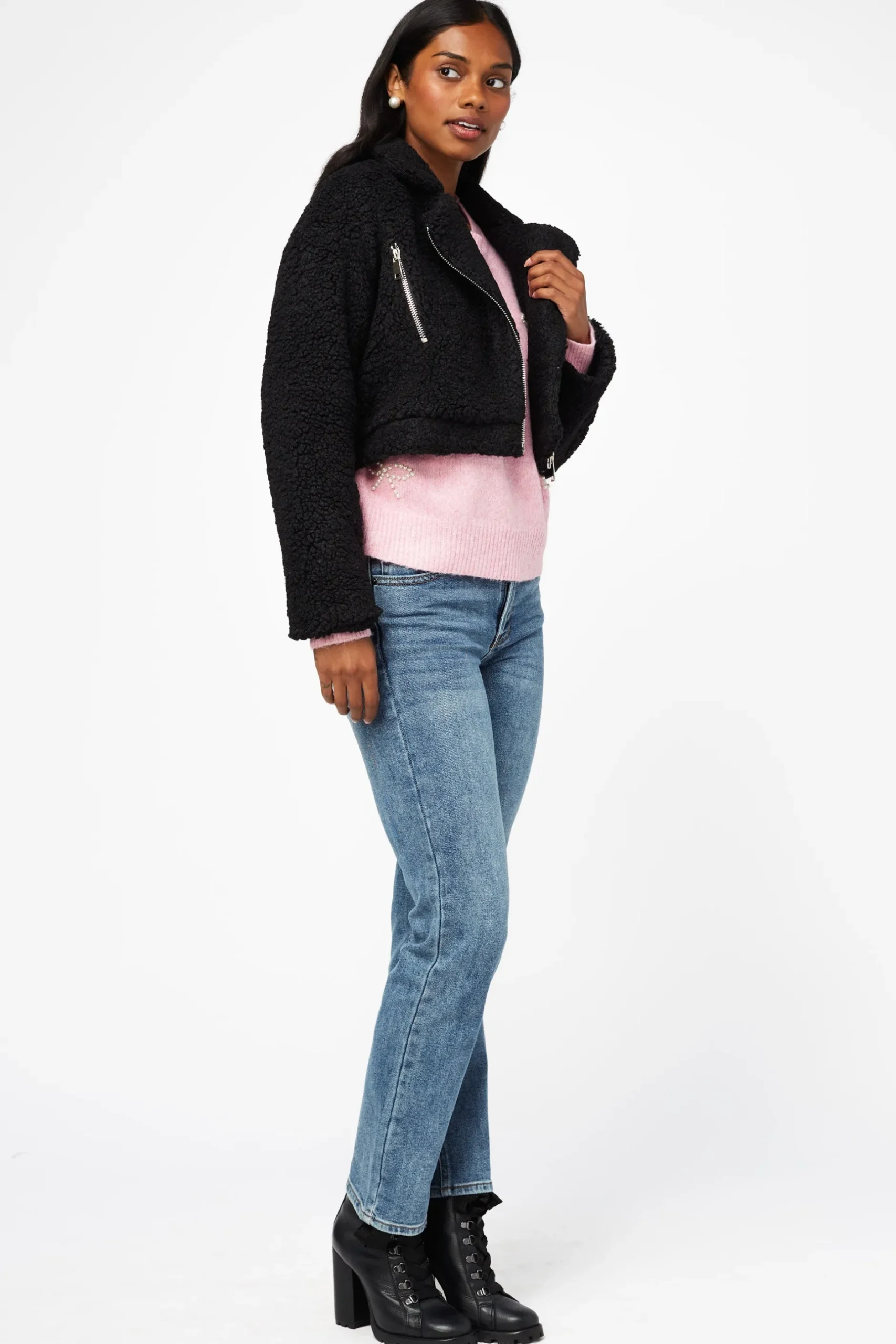 Privy Honey Teddy Crop Moto Jacket Fashion