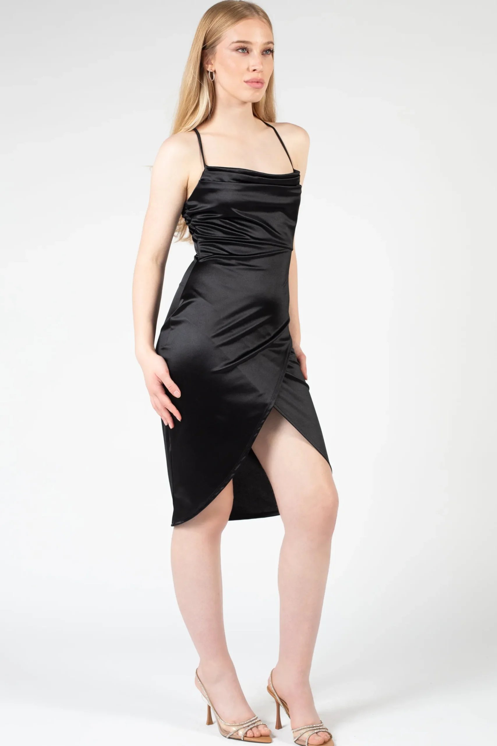 Chelsea Hyla Drape Neck Satin Bodycon Mini Dress Black Hot