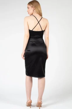 Chelsea Hyla Drape Neck Satin Bodycon Mini Dress Black Hot
