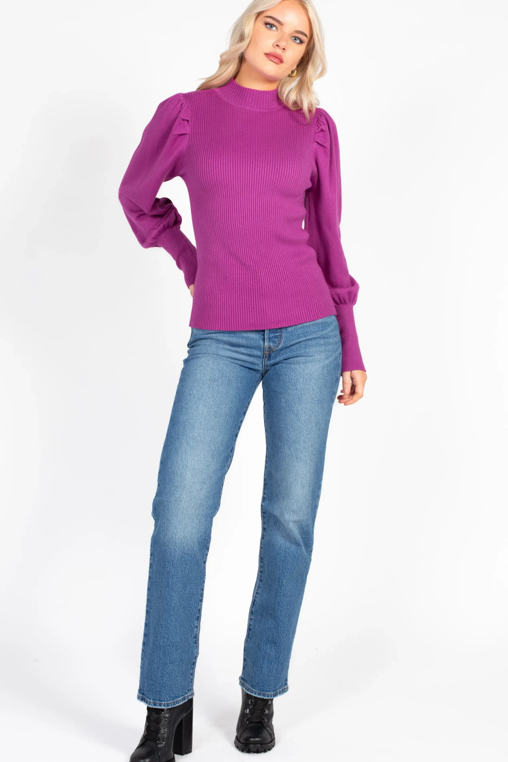thinkable Kayla Ribbed Knit Puff Sleeve Sweater Discount