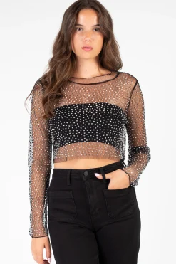 Hot u0026 Delicious Kylie Long Sleeve Embellished Crop Top Black Discount