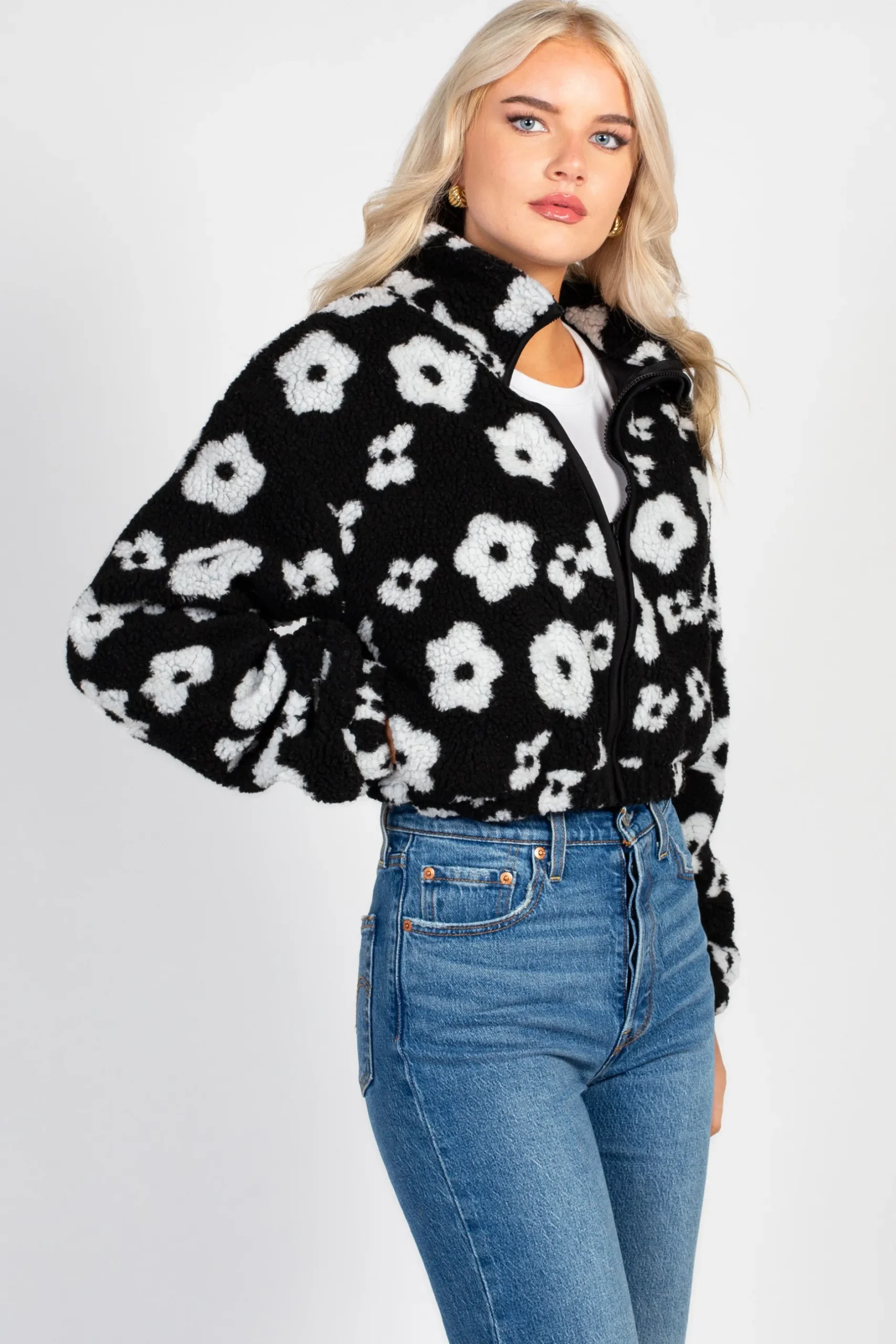 HYFVE Lila Floral Print Sherpa Jacket BlackFloral Sale
