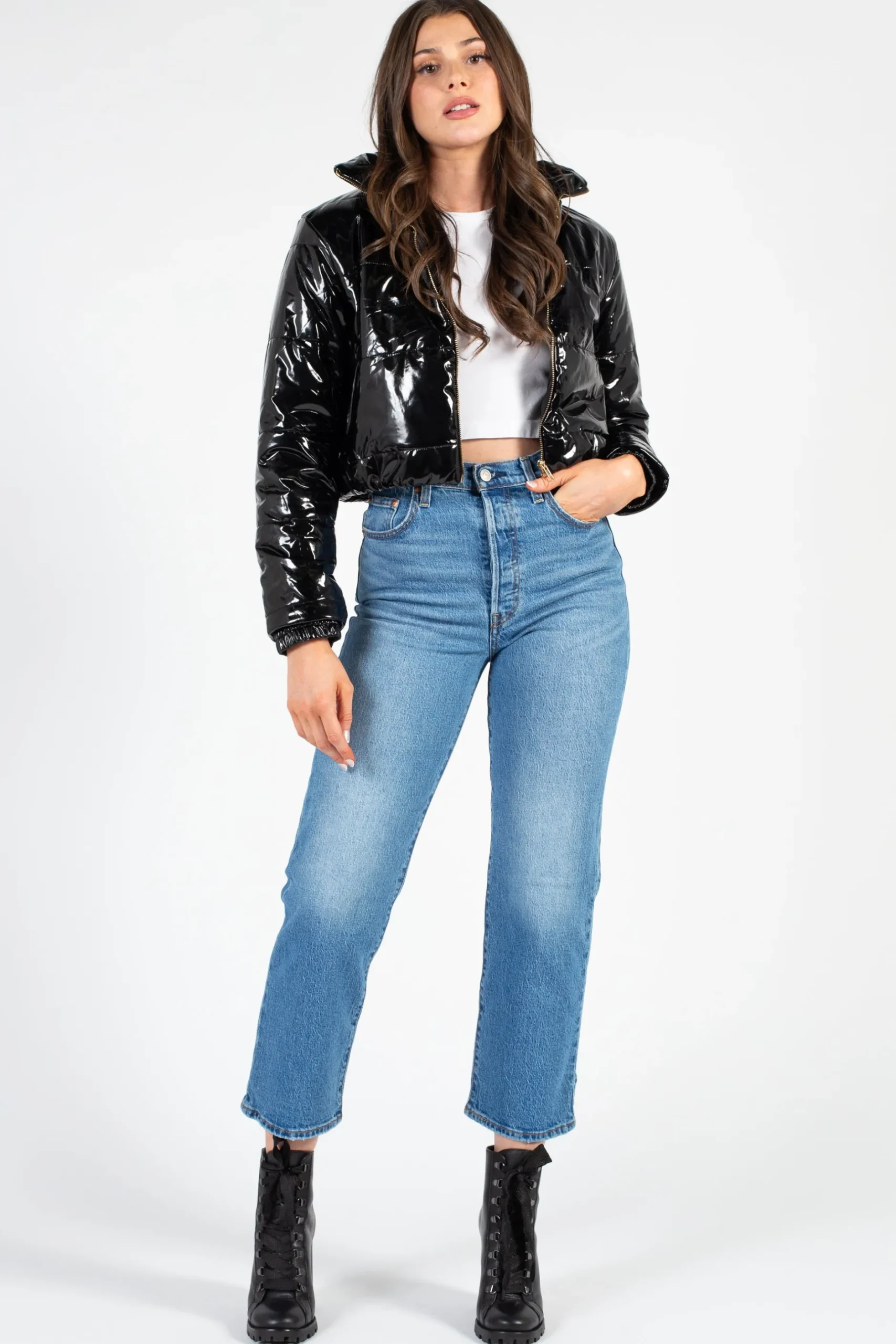 36pointS Lola Patent Bomber Puffer Jacket Black Hot
