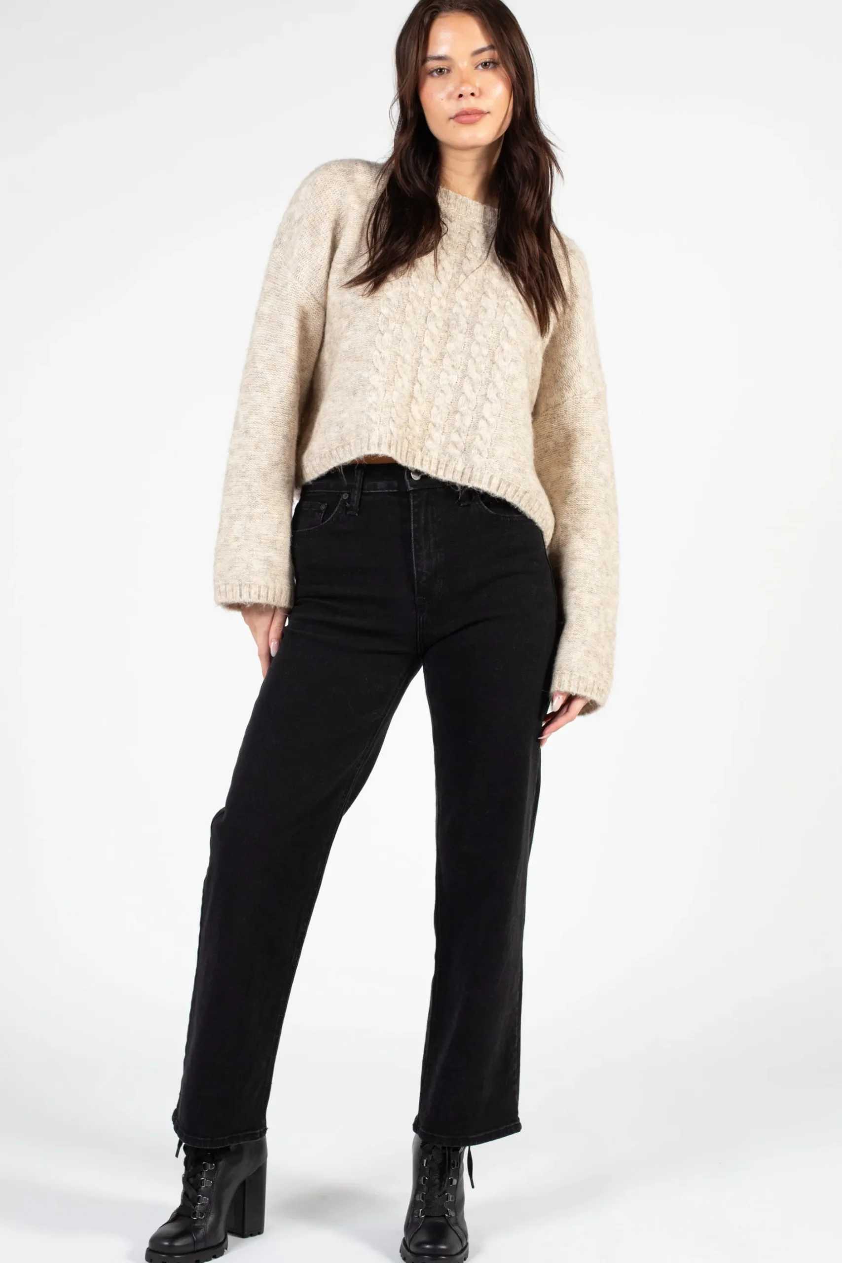 Lyla + Luxe Madge Crewneck Braid Front Sweater Oatmeal Sale