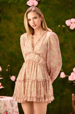 Love Song Madison Floral Ruffle Trim Mini Dress Pink Sale