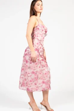 Inmod Maribelle Floral Ruffle Midi Dress Pink New