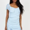 Woven Pink Melody Ruched Polka Dot Mini Dress Blue New
