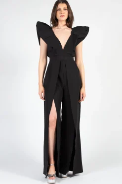 Luxxel Meredith Neoprene Split Wide Leg Jumpsuit Black Best