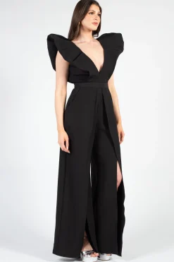 Luxxel Meredith Neoprene Split Wide Leg Jumpsuit Black Best