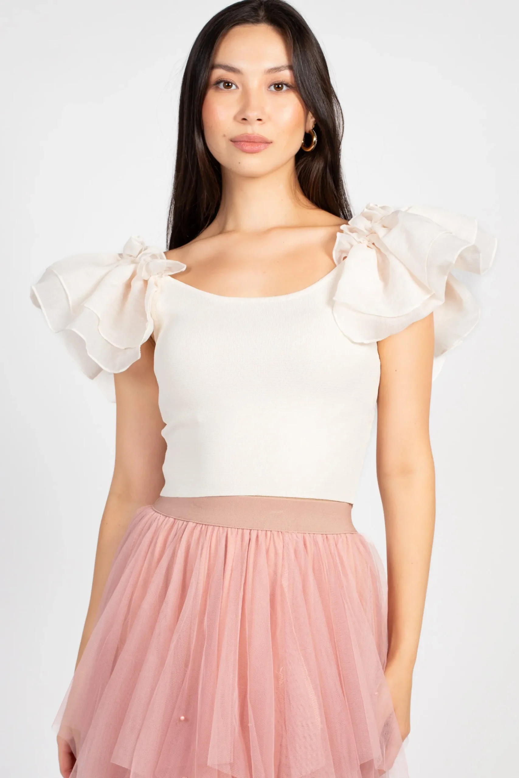 Miou Muse Mia Organza Sleeve Knit Blouse Cream Fashion