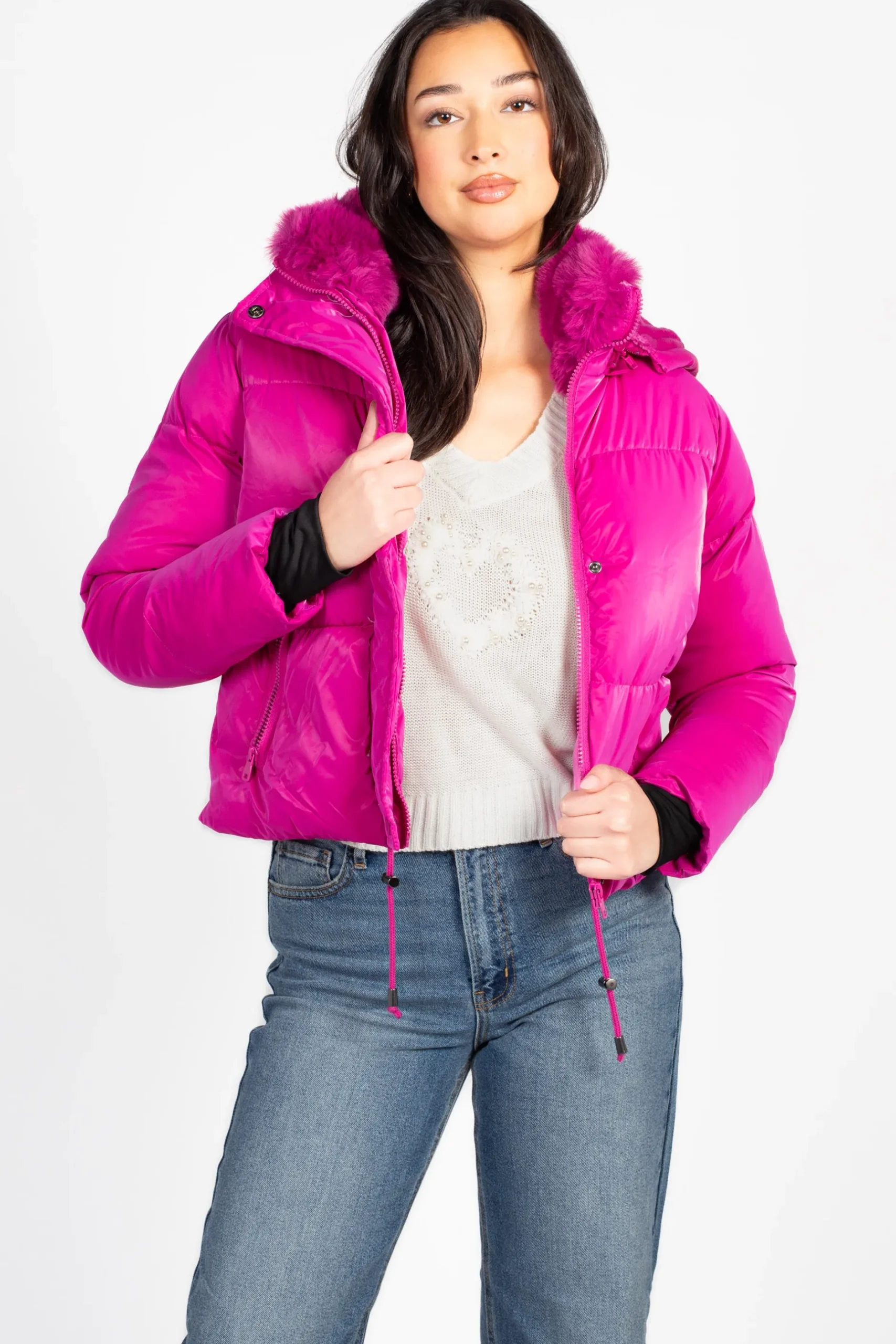 Snobbish Collection Mistic Shine Hooded Fur Trim Puffer Jacket Magenta Clearance