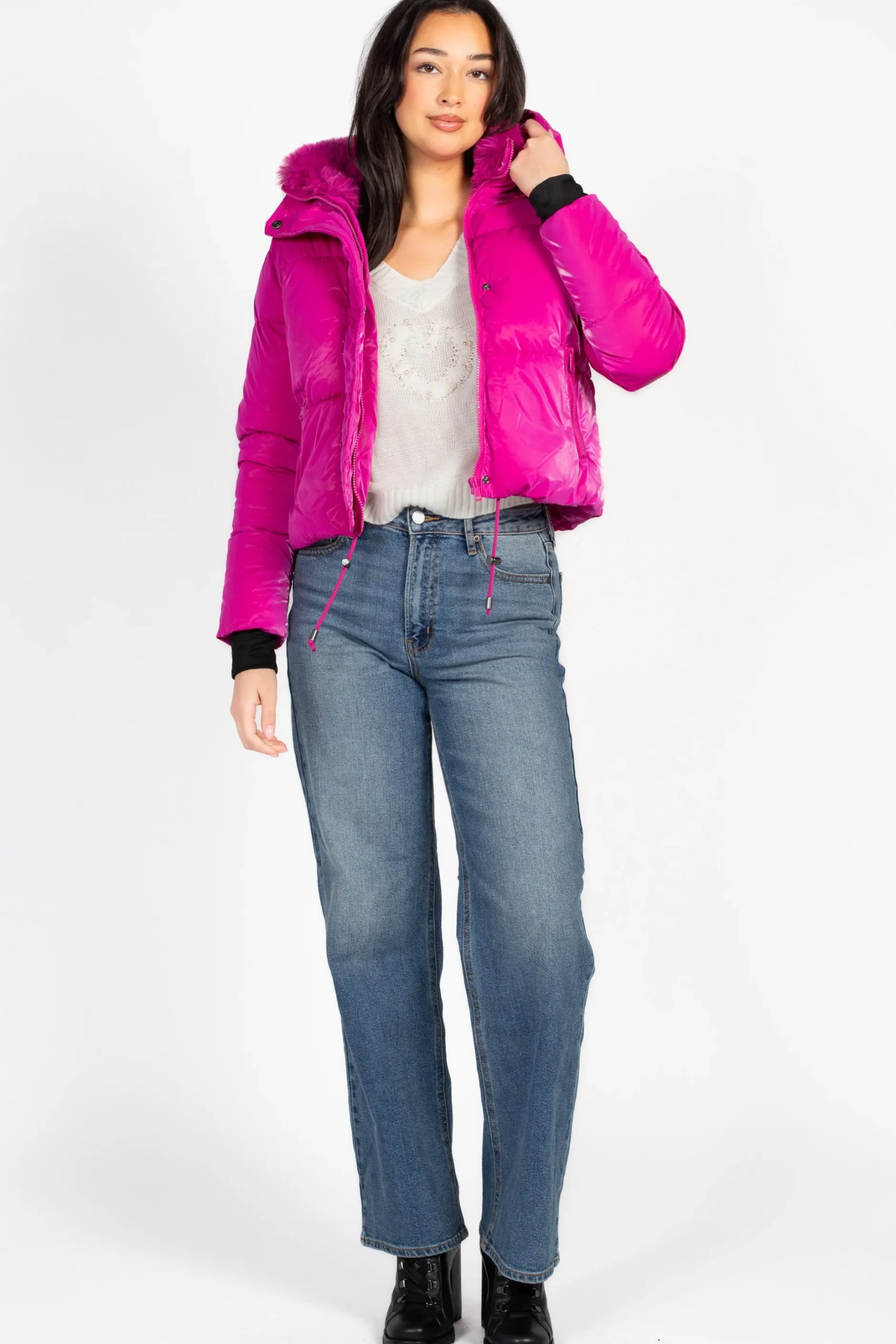 Snobbish Collection Mistic Shine Hooded Fur Trim Puffer Jacket Magenta Clearance