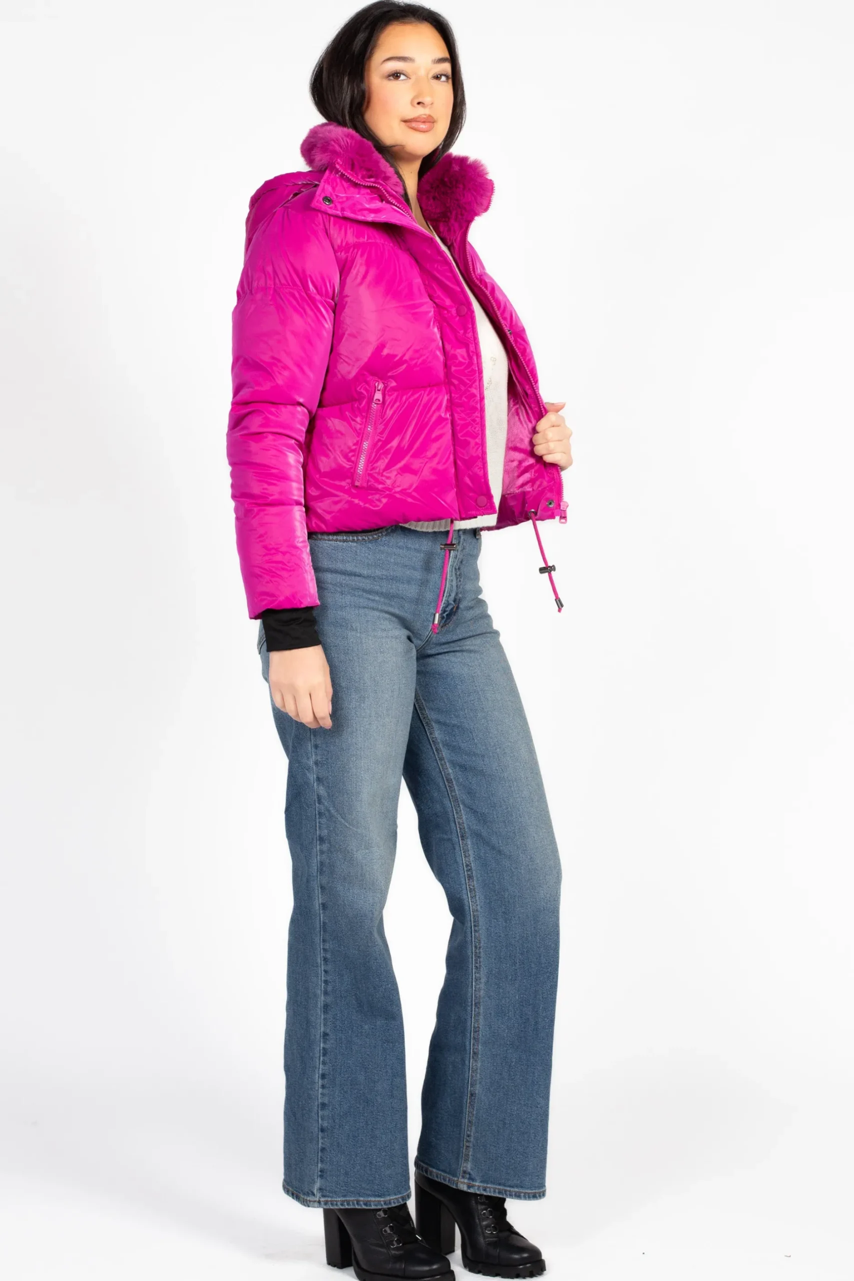Snobbish Collection Mistic Shine Hooded Fur Trim Puffer Jacket Magenta Clearance