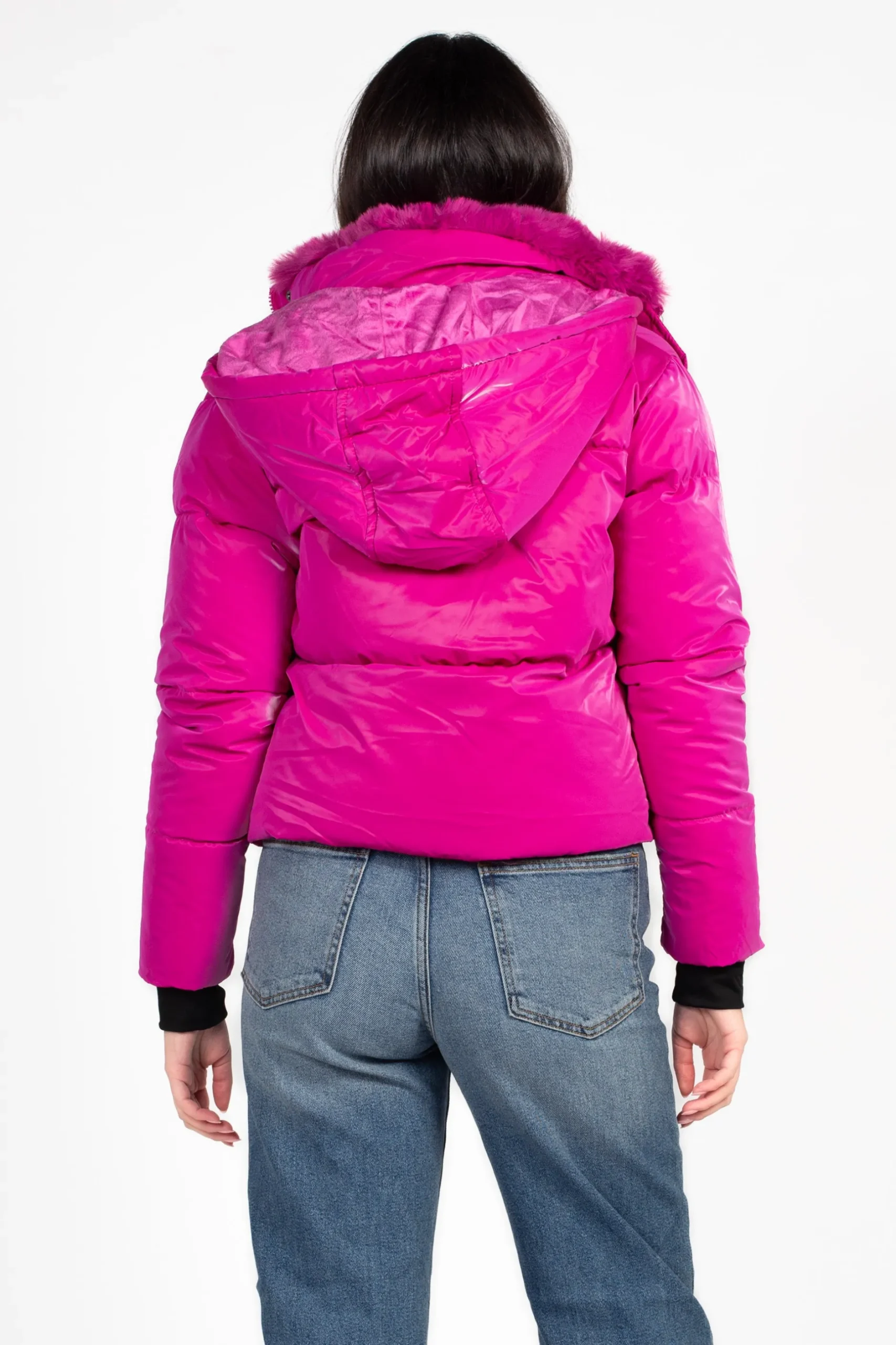 Snobbish Collection Mistic Shine Hooded Fur Trim Puffer Jacket Magenta Clearance