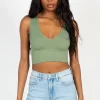 Nikibiki Ribbed Deep V Tank Top Green Online