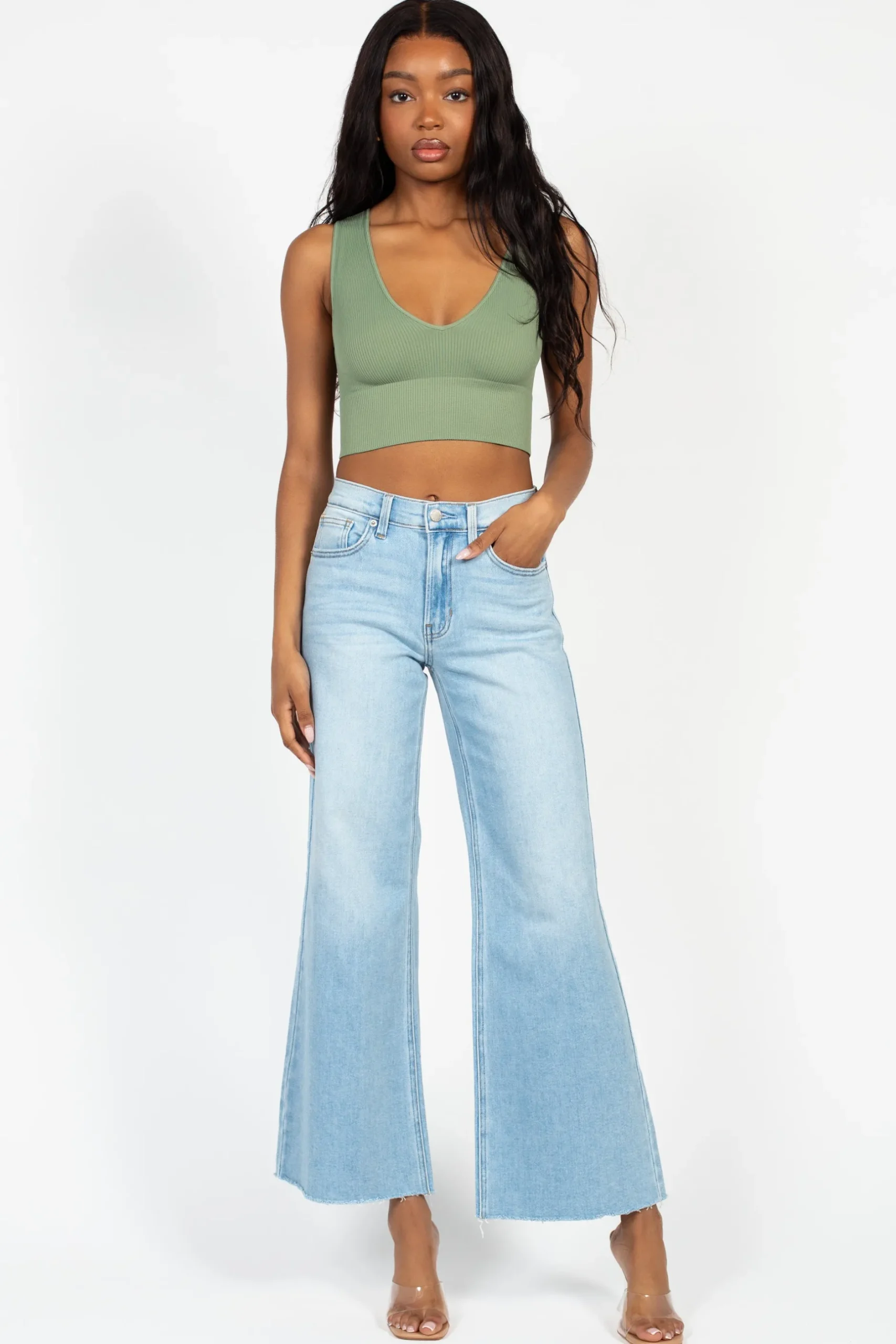 Nikibiki Ribbed Deep V Tank Top Green Online