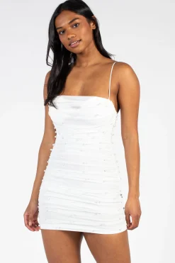 Privy Noel Pearl Mesh Ruched Mini Dress Discount