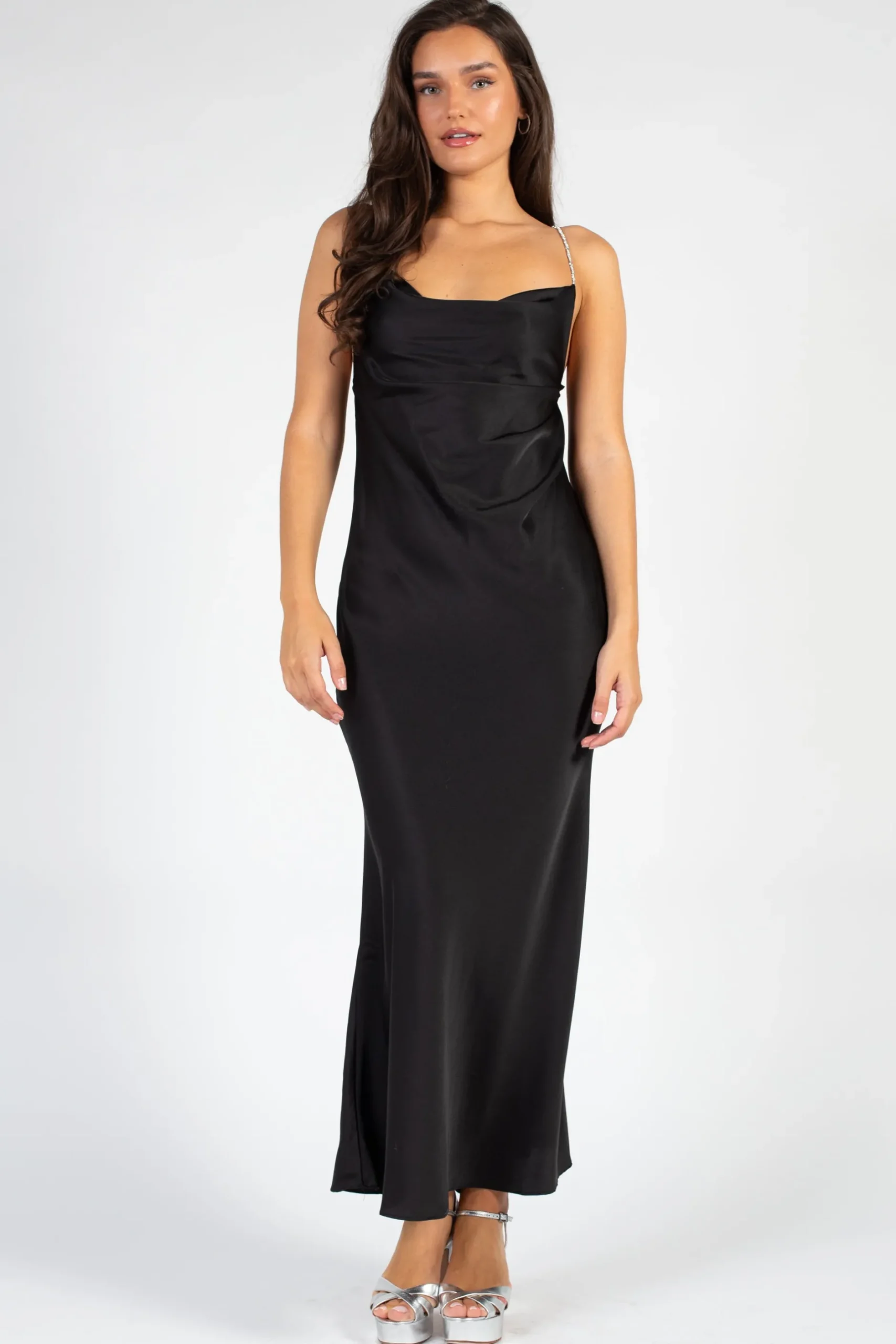 Luxxel Pamela Rhinestone Strap Maxi Slip Dress Black Sale